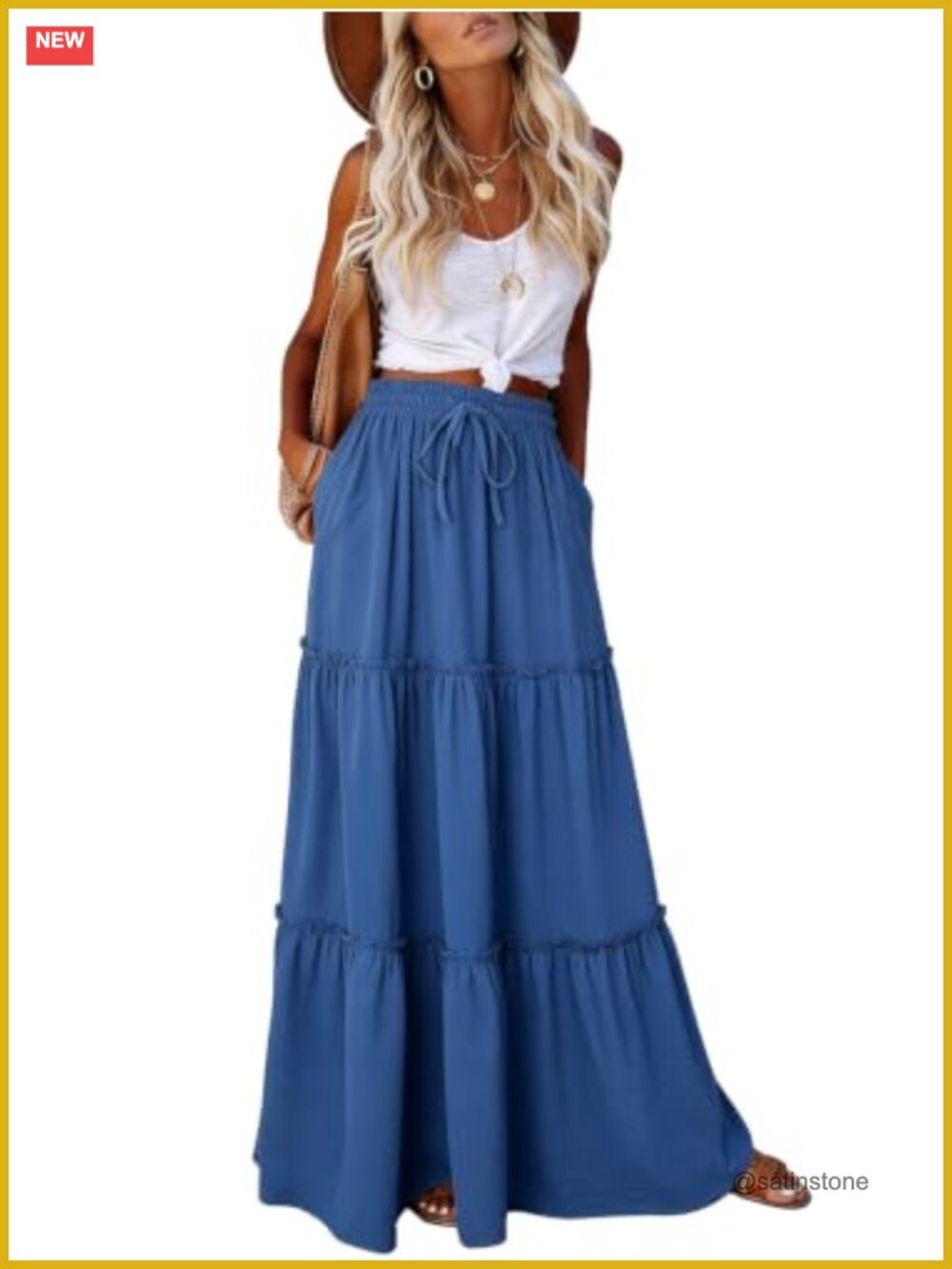 Women's Maxi Skirt High Waist Tie Tiered Ruffled Pockets Flowy Long